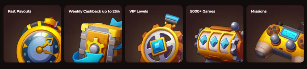 Aspectos destacados de la plataforma Vinci Spin, incluyendo pagos rápidos, reembolso semanal y niveles VIP.